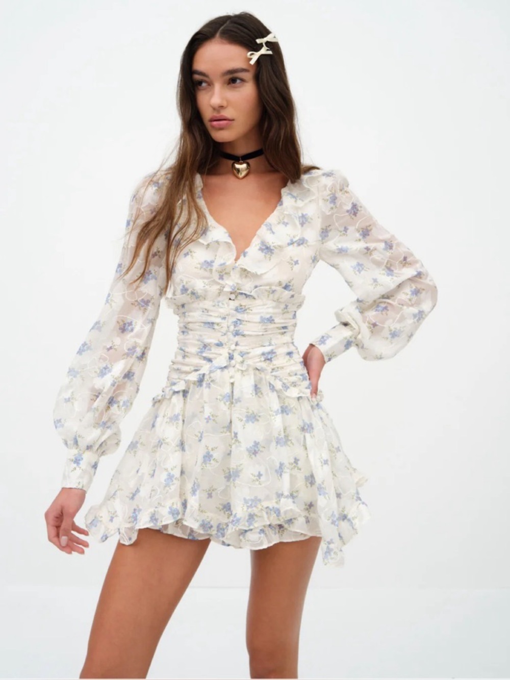 For Love & Lemons Jayleen Floral Embroidery Long Sleeve Ruffle Mini Dress Size S